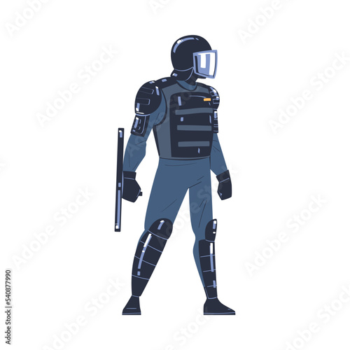 Riot Police Officer and Squad Member in Uniform and Helmet with Baton in Standing Pose Vector Illustration