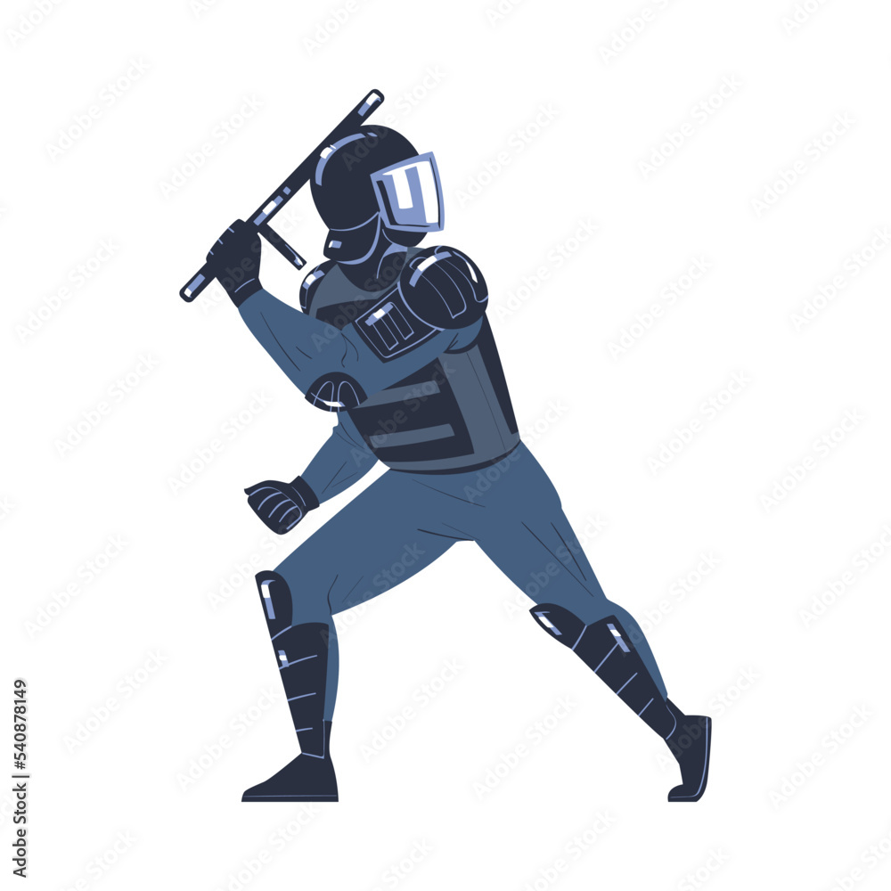 Riot Police Officer and Squad Member in Uniform and Helmet with Baton Fighting Vector Illustration