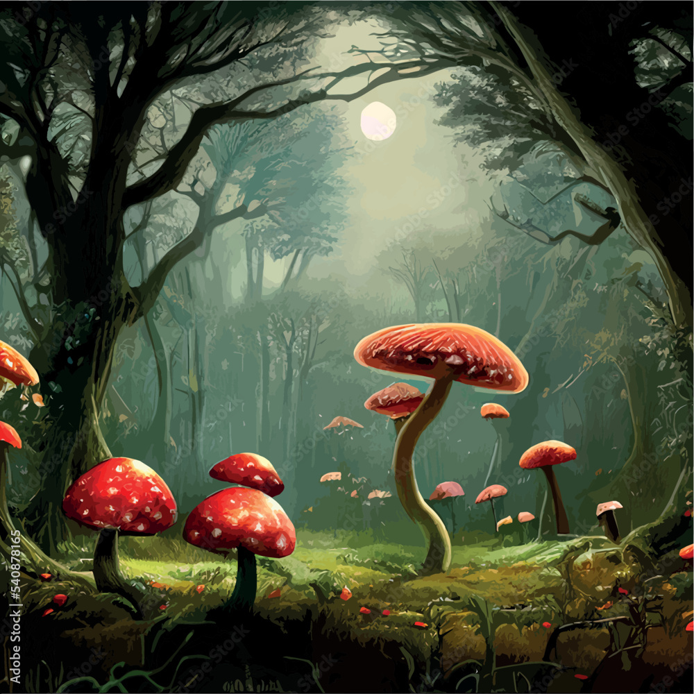surreal mushroom landscape, fantasy wonderland landscape with mushrooms ...