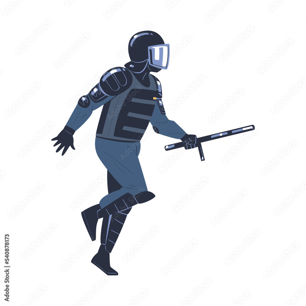 Riot Police Officer and Squad Member in Uniform and Helmet with Baton Fighting Vector Illustration