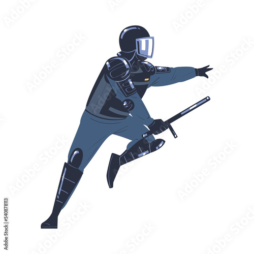 Riot Police Officer and Squad Member in Uniform and Helmet with Baton Fighting Vector Illustration