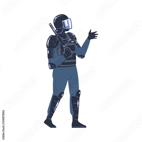 Riot Police Officer and Squad Member in Uniform and Helmet with Baton in Standing Pose Vector Illustration