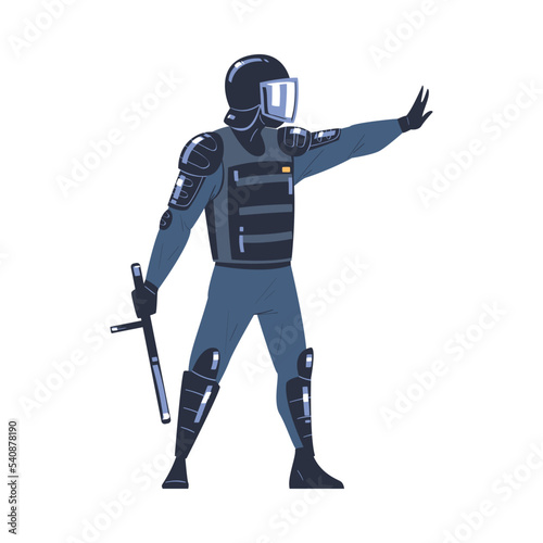 Riot Police Officer and Squad Member in Uniform and Helmet with Baton Showing Stop Gesture Vector Illustration