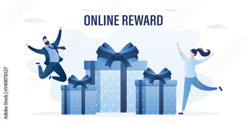 Business people celebrating with big gift boxes. Earn loyalty program points, get online reward and gifts. Get loyalty card and customer service,  business concept.