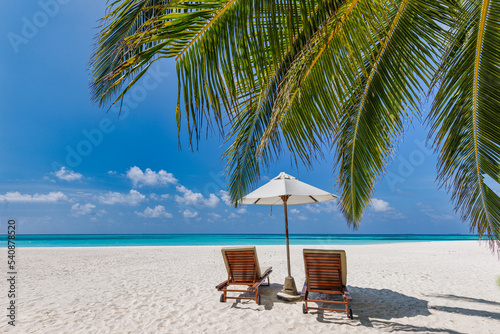 Beautiful panoramic nature. Tropical beach sunny as summer island landscape with chairs umbrella palm leaves calm sea shore, coast. Luxury travel panoramic destination banner for vacation or holiday © icemanphotos