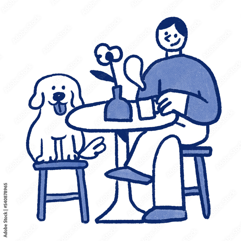 Coffee break with dog hand drawn illustration in cartoon design Coffee break with dog hand drawn illustration in cartoon design