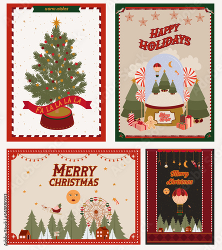 Collection of greeting cards for Merry Christmas with fairs and holidays elements. Seasons Greetings postcard. Editable vector illustration.