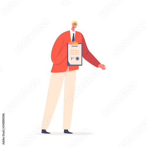 Young Male Character Holding Contract with Seal Stamp and Signature. Lawyer, Agent, Notary Isolated on White Background
