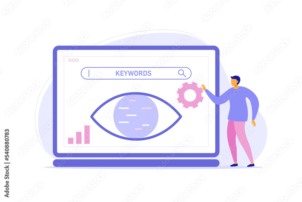Fototapeta premium Lsi keyword research and seo optimization. Web analysis and seo concept. Tiny man analyzing SERPs with gear, eye, chart. Vector flat illustration for landing page, banner, site