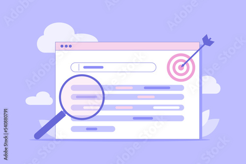 Lsi keyword research and seo optimization. Web analysis and seo concept. Analyzing SERPs with magnifying glass. Vector flat illustration for landing page, banner, site