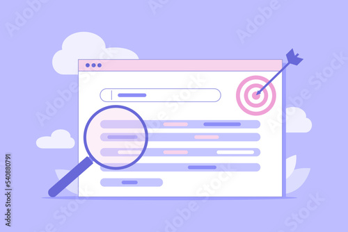 Lsi keyword research and seo optimization. Web analysis and seo  concept. Analyzing SERPs with magnifying glass. Vector flat illustration for landing page, banner, site