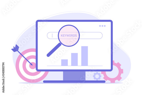 Lsi keyword research and seo optimization. Web analysis and seo  concept. Analyzing SERPs with magnifying glass, darts, chart. Vector flat illustration for landing page, banner, site