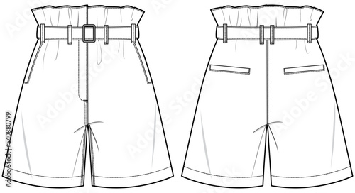womens belted waist paperbag short flat sketch vector illustration front and back view technical cad drawing template.