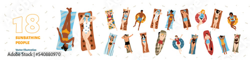 People sunbathing lying on towel, mat, surfboard and inflatable float. Diverse men and women in swimsuits relax on summer beach, vector hand drawn illustration