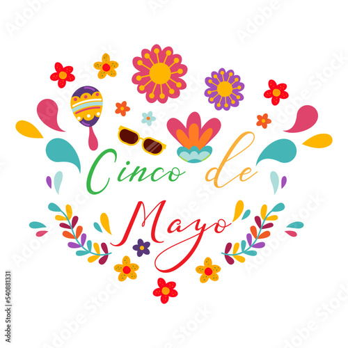 Beautiful Vector illustration with Design for Mexican Holiday 5 May Cinco De Mayo. Vector Template with Traditional Mexican Symbols Skull, Mexican Guitar, Flowers, Chili Sombrero Feliz Cinco de Mayo 