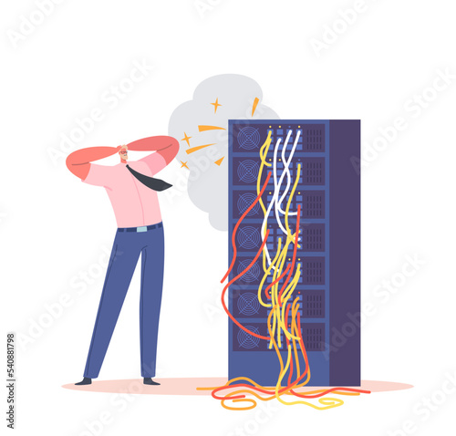 System Administrator or Sysadmin Character Servicing Server Racks with Short Circuit. Administration, Upkeeping Networks