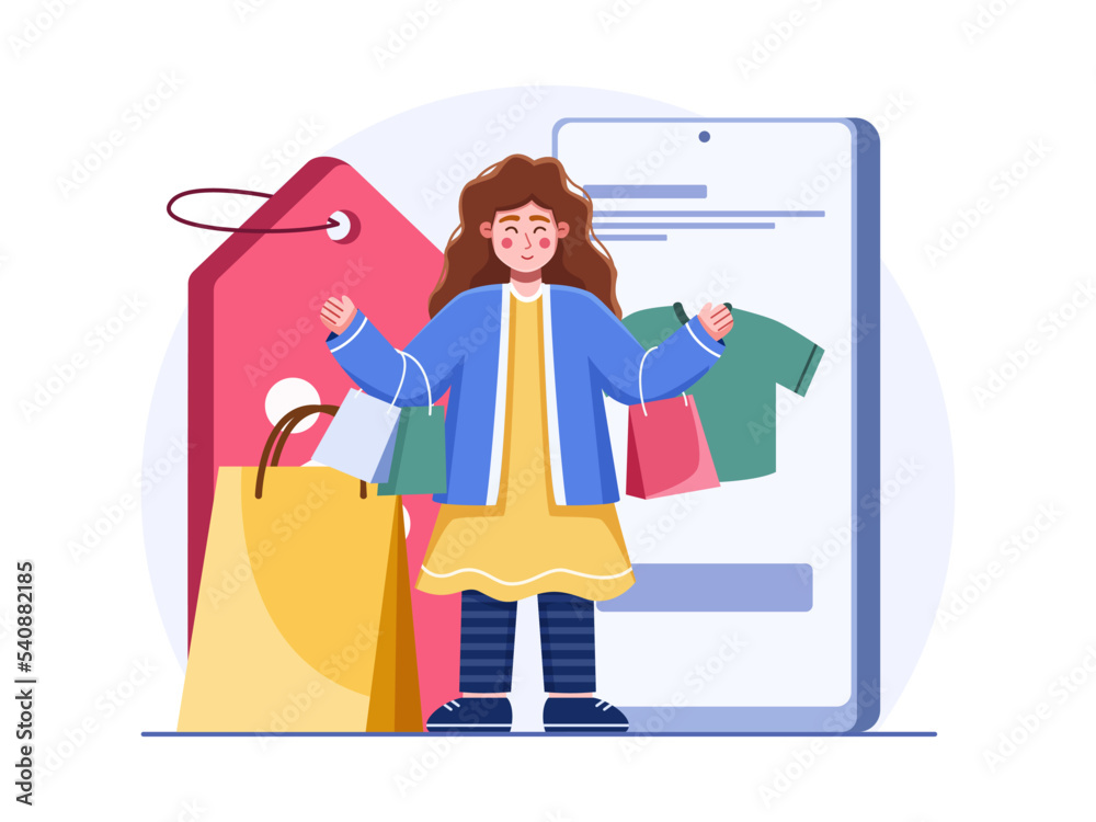 Illustration A Woman Online Shopping on Mobile application.
Young woman shop online using smartphone.
Consumerism concept.
Young woman ordering in internet store.
Suitable for web, landing page, etc