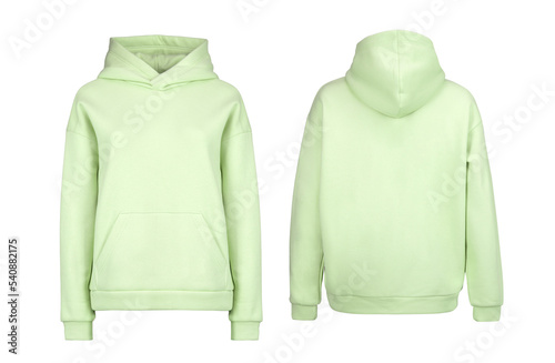 Green hoodie template. Hoodie sweatshirt long sleeve with clipping path, hoody for design mockup for print, isolated on white background.