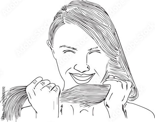 woman holding strong hair outline vector illustration,  young girl pulling her straight brown hair, lady demonstrate ideal long healthy hairstyle, sketch drawing, silhouette