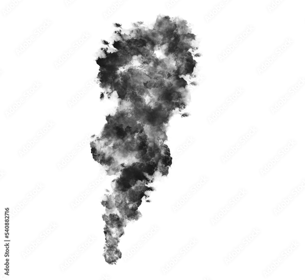 Abstract black puffs of smoke swirl overlay on transparent background pollution. Royalty high-quality free stock PNG image of abstract smoke overlays on white background. Black smoke swirls fragments