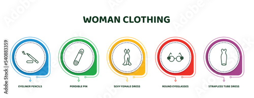 editable thin line icons with infographic template. infographic for woman clothing concept. included eyeliner pencils, perdible pin, sexy female dress, round eyeglasses, strapless tube dress icons.