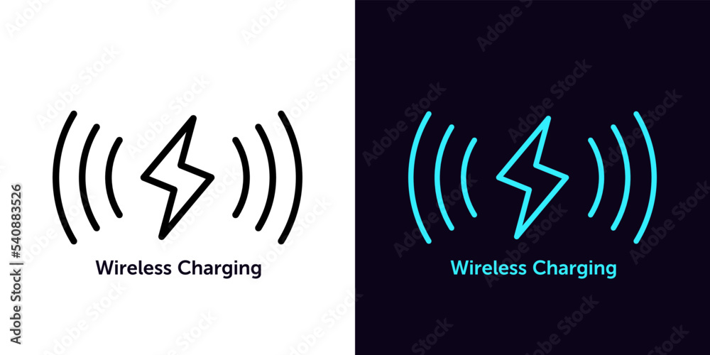 Outline wireless charging icon, with editable stroke. Wireless charger sign, electric charge with waves, lightning pictogram - obrazy, fototapety, plakaty 