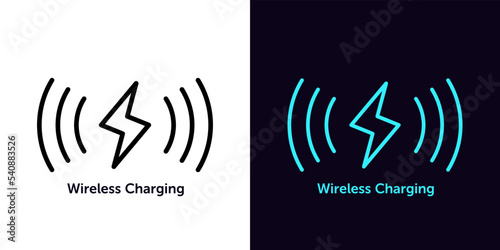 Outline wireless charging icon, with editable stroke. Wireless charger sign, electric charge with waves, lightning pictogram