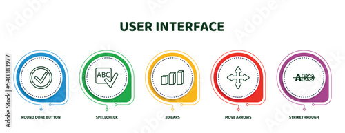 editable thin line icons with infographic template. infographic for user interface concept. included round done button, spellcheck, 3d bars, move arrows, strikethrough icons. photo