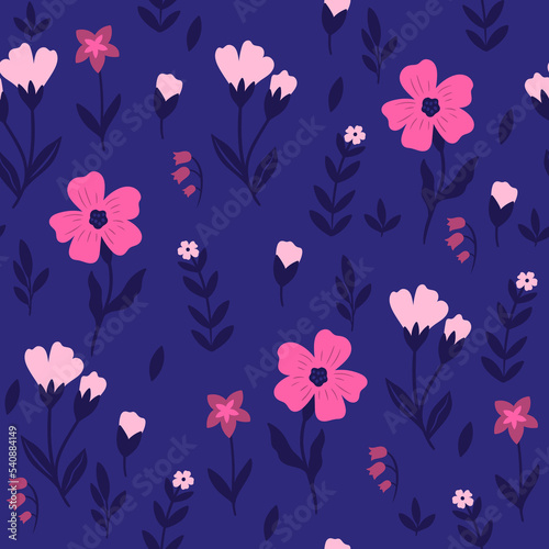 Seamless pattern with leaves and flowers. Vector graphics.