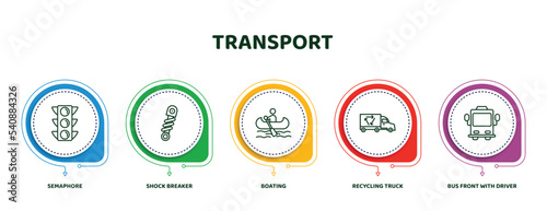 editable thin line icons with infographic template. infographic for transport concept. included semaphore, shock breaker, boating, recycling truck, bus front with driver icons.