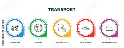 editable thin line icons with infographic template. infographic for transport concept. included bicycle rental, gearshift, hands free device, yacht navigate, shipping and delivery icons.