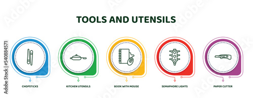 editable thin line icons with infographic template. infographic for tools and utensils concept. included chopsticks, kitchen utensils, book with mouse, semaphore lights, paper cutter icons.