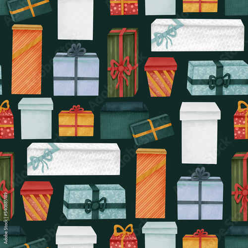 Gift boxes seamless pattern. Illustration in watercolor style for the design of packaging paper, fabric, textiles.