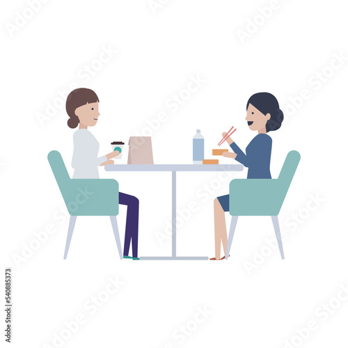 お昼休みにご飯を食べながらお喋りする女性社員のイラスト素材｜mayucolor03
