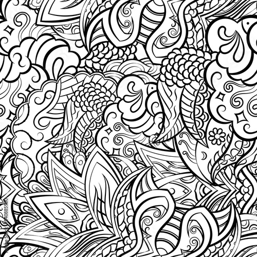Tracery seamless pattern. Mehndi design. Binary monochrome black and white. Ethnic doodle texture. Curved doodling background. Vector