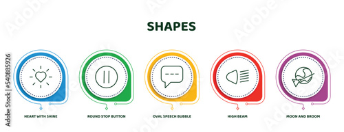 editable thin line icons with infographic template. infographic for shapes concept. included heart with shine, round stop button, oval speech bubble, high beam, moon and broom icons.