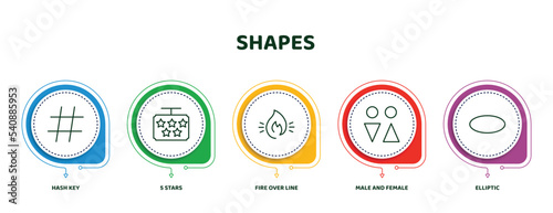 editable thin line icons with infographic template. infographic for shapes concept. included hash key, 5 stars, fire over line, male and female, elliptic icons.