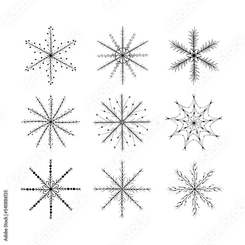 Set of various hand drawn snowflakes.   oniferous ornament in the shape of snowflake. Isolated black on white background