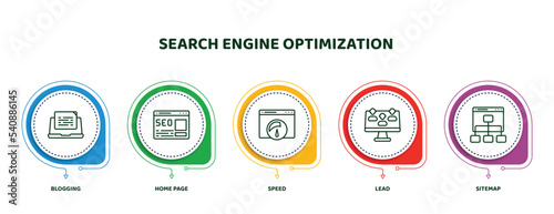 editable thin line icons with infographic template. infographic for search engine optimization concept. included blogging, home page, speed, lead, sitemap icons.