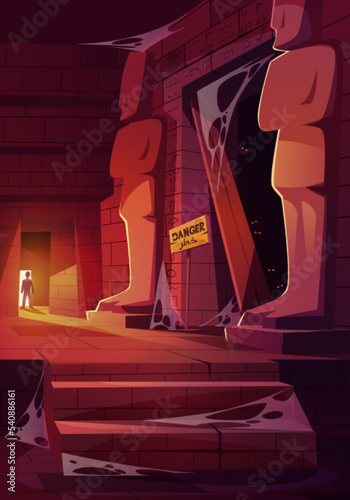 Abandoned Egypt temple or pyramid interior with statues, spider webs and human silhouette in doorway. Ancient tomb room, Egyptian museum, history game level design, Cartoon vector illustration