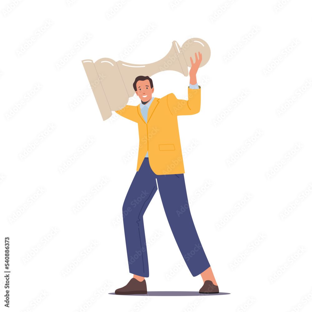 Cheerful Business Man Holding White Pawn Chess Figure in Hands. Strategic Battle, Winning, Success, Checkmate Cheerful Business Man Holding White Pawn Chess Figure in Hands. Strategic Battle, Winning, Success, Checkmate