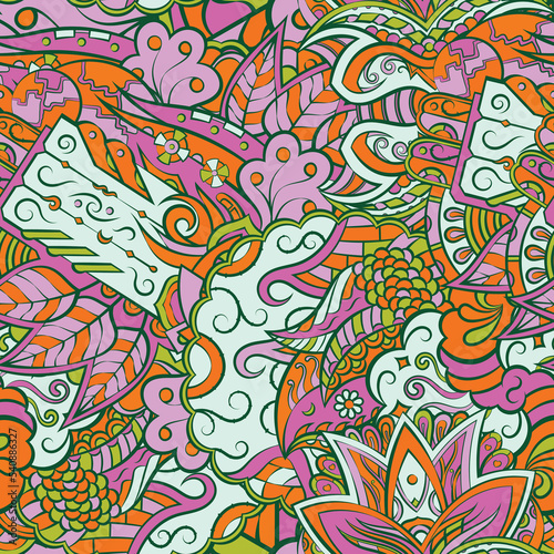 Tracery seamless pattern. Mehndi design. 7 colors. Ethnic doodle texture. Curved doodling background. Vector