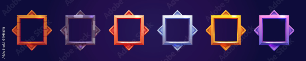 Set of square avatar or rank frames for game ui. Textured wooden, stone ...