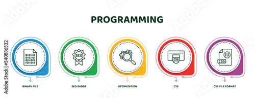 editable thin line icons with infographic template. infographic for programming concept. included binary file, seo badge, optimization, css, css file format icons.