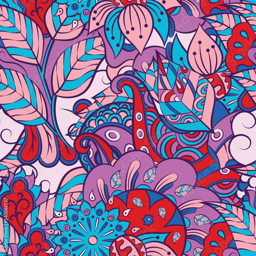 Tracery seamless pattern. Mehndi design. 7 colors. Ethnic doodle texture. Curved doodling background. Vector