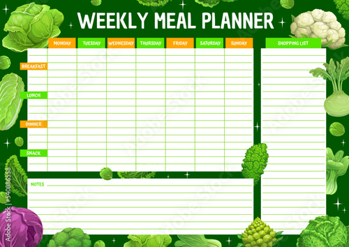 Weekly meal planner. Cartoon cabbage vegetables. Cooking daily schedule, diet organizer checklist or timetable with brussels sprout, broccoli and romanesco, bok choy, kale, radicchio and cauliflower