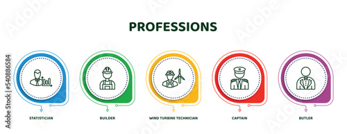 editable thin line icons with infographic template. infographic for professions concept. included statistician, builder, wind turbine technician, captain, butler icons.