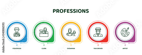 editable thin line icons with infographic template. infographic for professions concept. included fisherman, clerk, showman, taxi driver, artist icons.