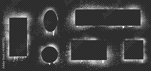 Spray paint frames, white brush stencil graffiti borders square, oval and rectangular shapes. Grunge airbrush texture, inky contour forms with splashes, smudges isolated on black background Vector set