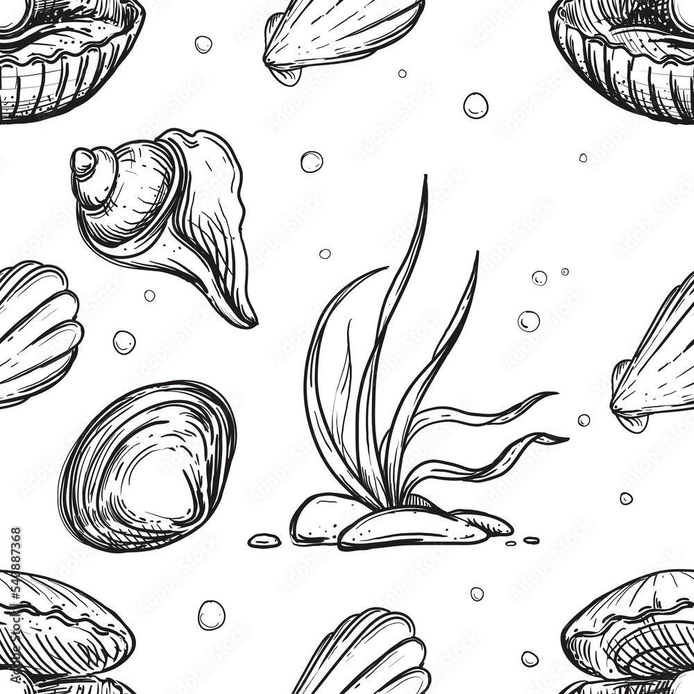 Detailed hand drawn black and white illustration seamless pattern of ...